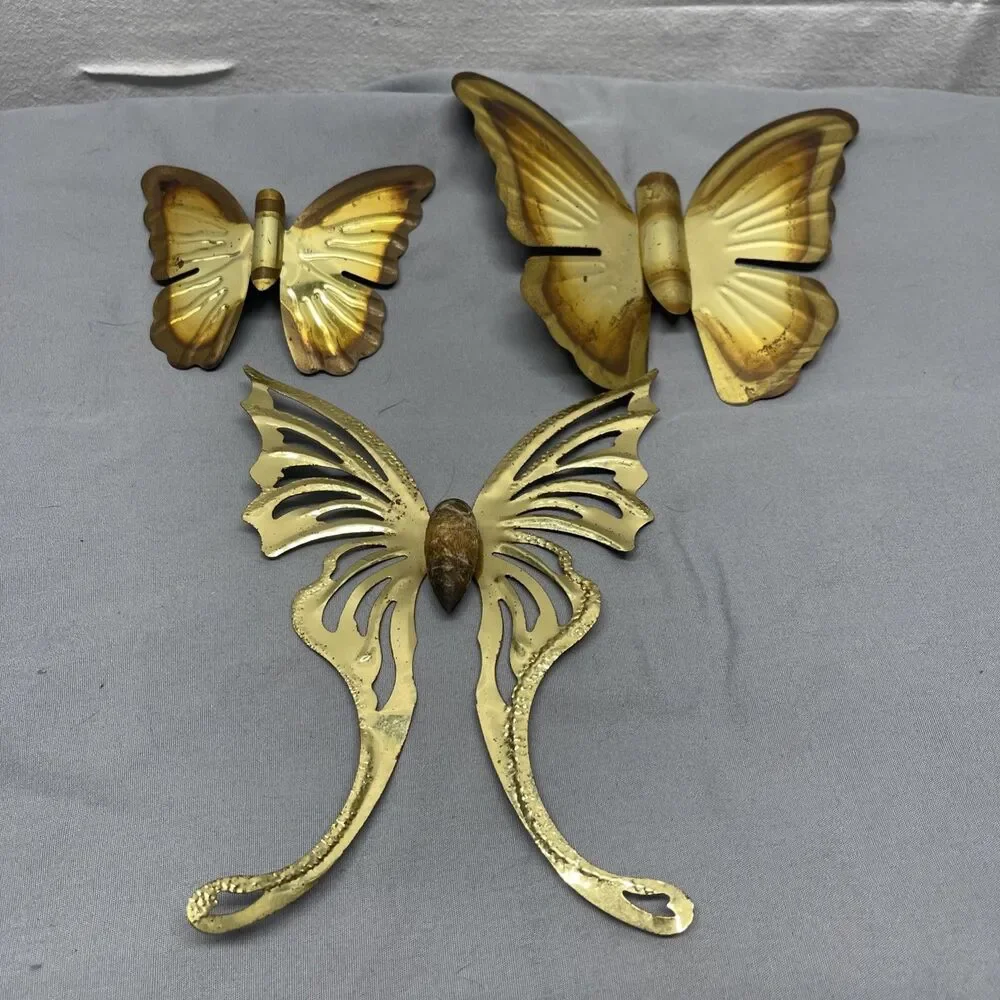 Vintage Brass Butterfly 3pc Wall Art Sculpture Hanging Decor Metal Wood Gold MCM